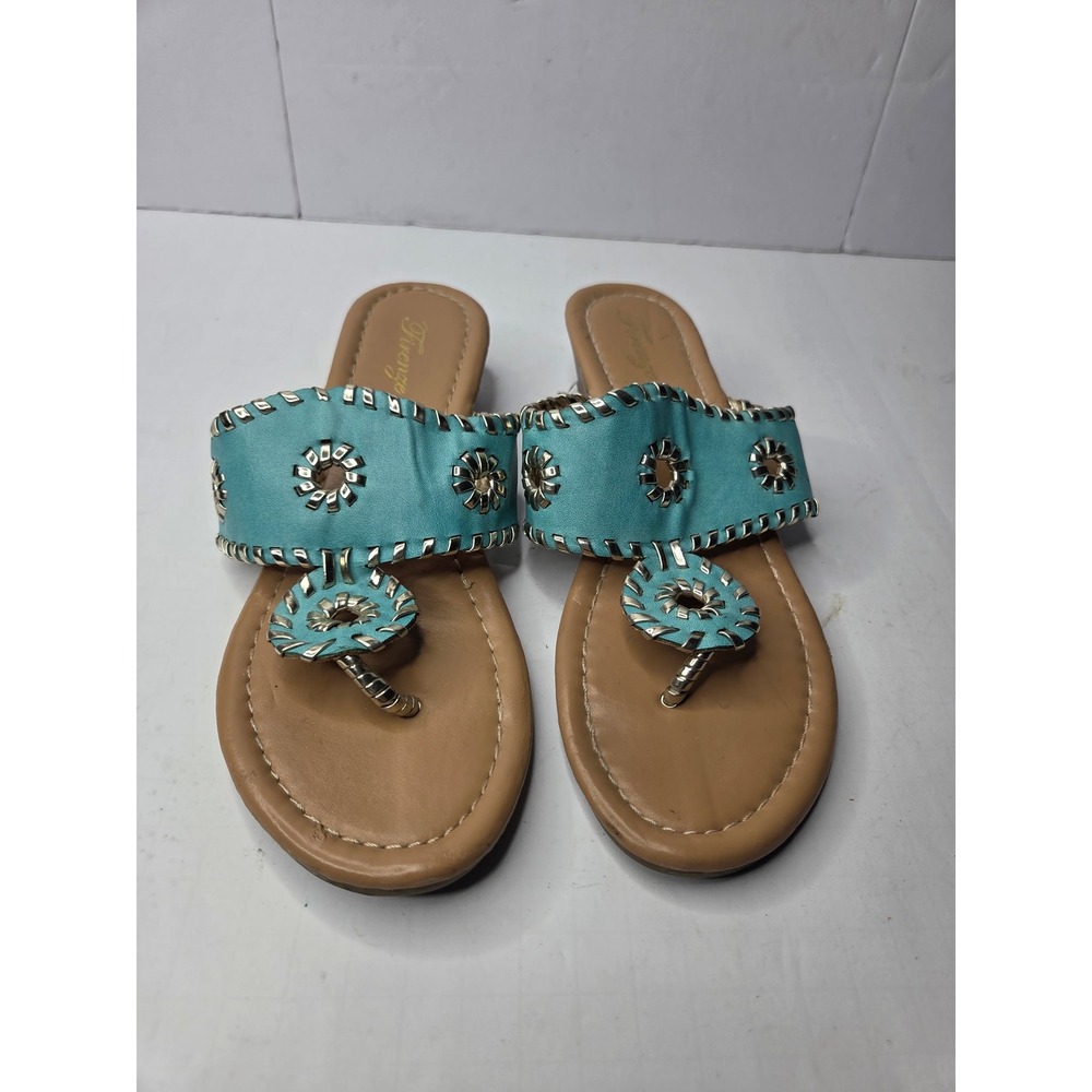 Firenze Amanda Turquoise Whipstitch Medallion Low Wedge Thong Sandals Size‎ 6